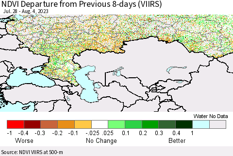 Russian Federation NDVI Departure from Previous 8-days (VIIRS) Thematic Map For 7/28/2023 - 8/4/2023