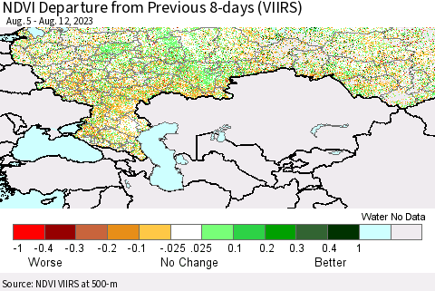 Russian Federation NDVI Departure from Previous 8-days (VIIRS) Thematic Map For 8/5/2023 - 8/12/2023