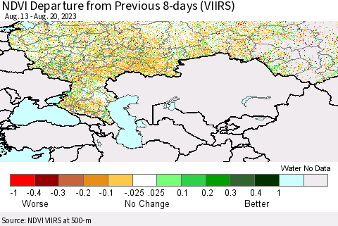 Russian Federation NDVI Departure from Previous 8-days (VIIRS) Thematic Map For 8/13/2023 - 8/20/2023