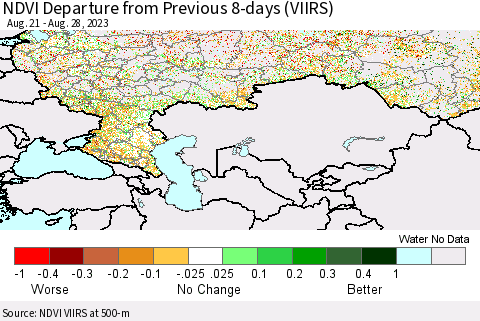 Russian Federation NDVI Departure from Previous 8-days (VIIRS) Thematic Map For 8/21/2023 - 8/28/2023