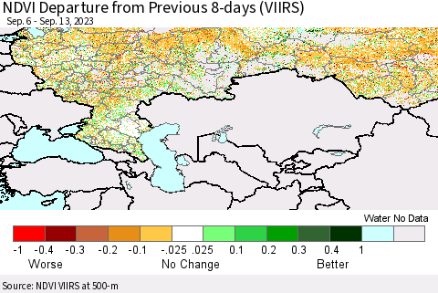 Russian Federation NDVI Departure from Previous 8-days (VIIRS) Thematic Map For 9/6/2023 - 9/13/2023