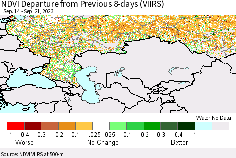 Russian Federation NDVI Departure from Previous 8-days (VIIRS) Thematic Map For 9/14/2023 - 9/21/2023