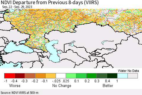 Russian Federation NDVI Departure from Previous 8-days (VIIRS) Thematic Map For 9/22/2023 - 9/29/2023