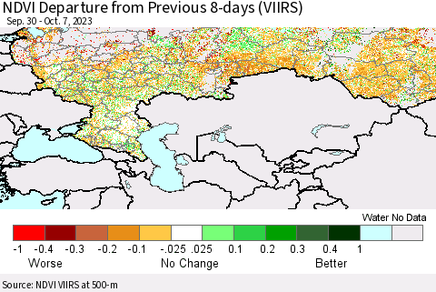 Russian Federation NDVI Departure from Previous 8-days (VIIRS) Thematic Map For 9/30/2023 - 10/7/2023