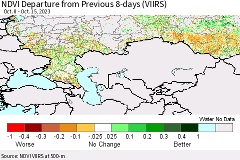 Russian Federation NDVI Departure from Previous 8-days (VIIRS) Thematic Map For 10/8/2023 - 10/15/2023