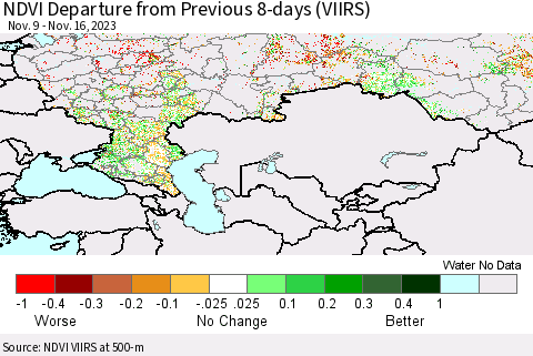 Russian Federation NDVI Departure from Previous 8-days (VIIRS) Thematic Map For 11/9/2023 - 11/16/2023