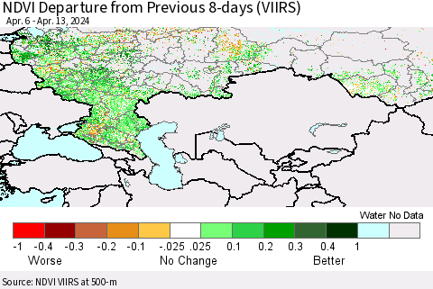 Russian Federation NDVI Departure from Previous 8-days (VIIRS) Thematic Map For 4/6/2024 - 4/13/2024