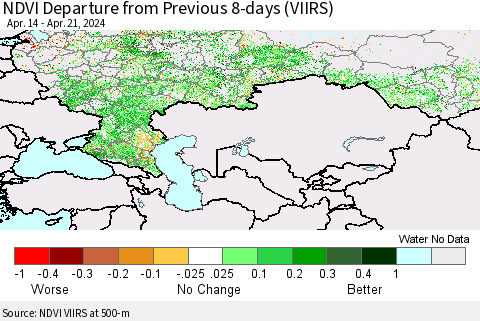 Russian Federation NDVI Departure from Previous 8-days (VIIRS) Thematic Map For 4/14/2024 - 4/21/2024