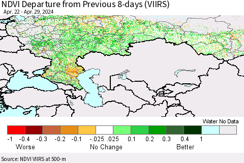Russian Federation NDVI Departure from Previous 8-days (VIIRS) Thematic Map For 4/22/2024 - 4/29/2024