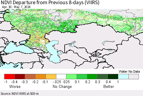 Russian Federation NDVI Departure from Previous 8-days (VIIRS) Thematic Map For 4/30/2024 - 5/7/2024