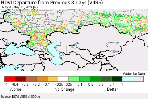 Russian Federation NDVI Departure from Previous 8-days (VIIRS) Thematic Map For 5/8/2024 - 5/15/2024