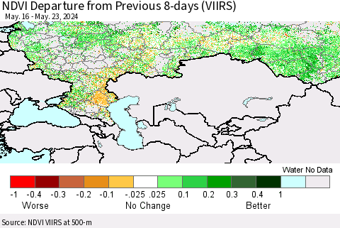 Russian Federation NDVI Departure from Previous 8-days (VIIRS) Thematic Map For 5/16/2024 - 5/23/2024