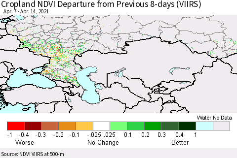 Russian Federation Cropland NDVI Departure from Previous 8-days (VIIRS) Thematic Map For 4/7/2021 - 4/14/2021