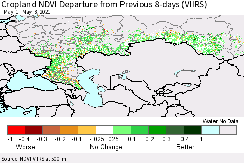 Russian Federation Cropland NDVI Departure from Previous 8-days (VIIRS) Thematic Map For 5/1/2021 - 5/8/2021
