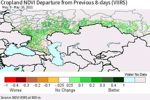 Russian Federation Cropland NDVI Departure from Previous 8-days (VIIRS) Thematic Map For 5/9/2021 - 5/16/2021
