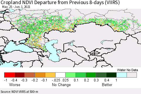 Russian Federation Cropland NDVI Departure from Previous 8-days (VIIRS) Thematic Map For 5/25/2021 - 6/1/2021