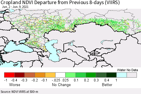 Russian Federation Cropland NDVI Departure from Previous 8-days (VIIRS) Thematic Map For 6/2/2021 - 6/9/2021
