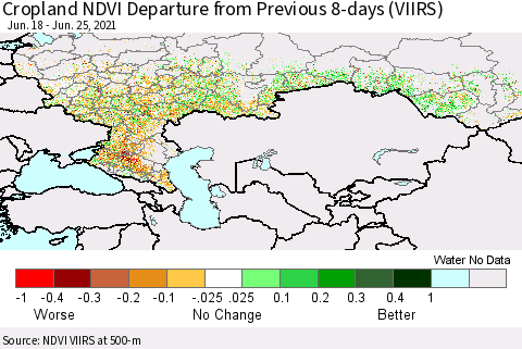 Russian Federation Cropland NDVI Departure from Previous 8-days (VIIRS) Thematic Map For 6/18/2021 - 6/25/2021