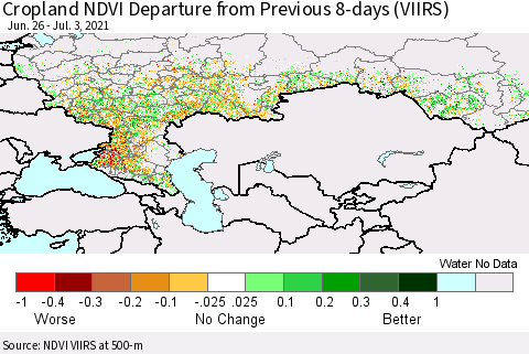 Russian Federation Cropland NDVI Departure from Previous 8-days (VIIRS) Thematic Map For 6/26/2021 - 7/3/2021