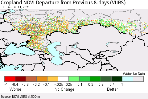 Russian Federation Cropland NDVI Departure from Previous 8-days (VIIRS) Thematic Map For 7/4/2021 - 7/11/2021