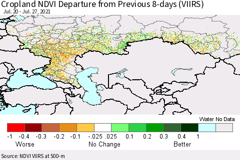 Russian Federation Cropland NDVI Departure from Previous 8-days (VIIRS) Thematic Map For 7/20/2021 - 7/27/2021