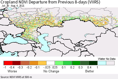 Russian Federation Cropland NDVI Departure from Previous 8-days (VIIRS) Thematic Map For 7/28/2021 - 8/4/2021