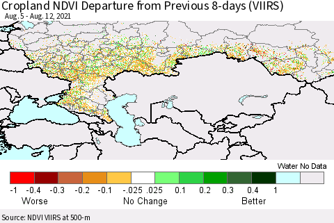 Russian Federation Cropland NDVI Departure from Previous 8-days (VIIRS) Thematic Map For 8/5/2021 - 8/12/2021