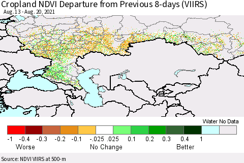 Russian Federation Cropland NDVI Departure from Previous 8-days (VIIRS) Thematic Map For 8/13/2021 - 8/20/2021