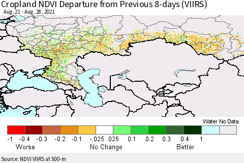 Russian Federation Cropland NDVI Departure from Previous 8-days (VIIRS) Thematic Map For 8/21/2021 - 8/28/2021