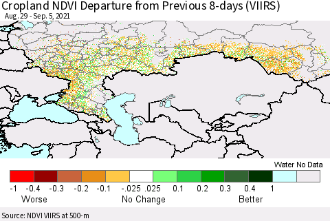 Russian Federation Cropland NDVI Departure from Previous 8-days (VIIRS) Thematic Map For 8/29/2021 - 9/5/2021
