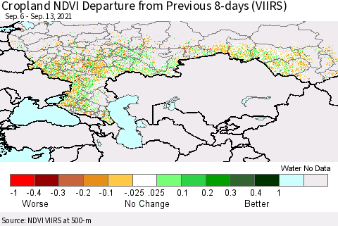 Russian Federation Cropland NDVI Departure from Previous 8-days (VIIRS) Thematic Map For 9/6/2021 - 9/13/2021