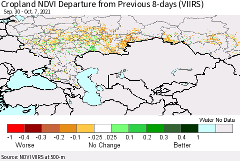 Russian Federation Cropland NDVI Departure from Previous 8-days (VIIRS) Thematic Map For 9/30/2021 - 10/7/2021