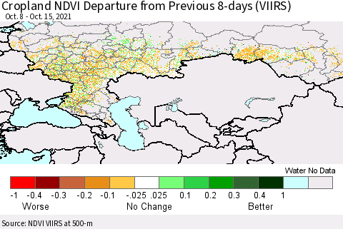 Russian Federation Cropland NDVI Departure from Previous 8-days (VIIRS) Thematic Map For 10/8/2021 - 10/15/2021
