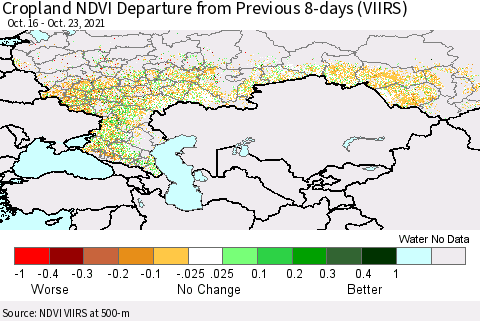 Russian Federation Cropland NDVI Departure from Previous 8-days (VIIRS) Thematic Map For 10/16/2021 - 10/23/2021