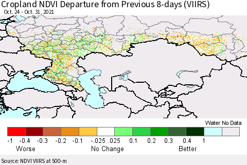 Russian Federation Cropland NDVI Departure from Previous 8-days (VIIRS) Thematic Map For 10/24/2021 - 10/31/2021