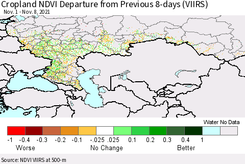 Russian Federation Cropland NDVI Departure from Previous 8-days (VIIRS) Thematic Map For 11/1/2021 - 11/8/2021