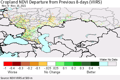Russian Federation Cropland NDVI Departure from Previous 8-days (VIIRS) Thematic Map For 11/9/2021 - 11/16/2021