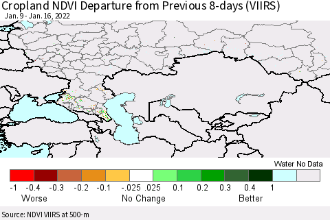 Russian Federation Cropland NDVI Departure from Previous 8-days (VIIRS) Thematic Map For 1/9/2022 - 1/16/2022