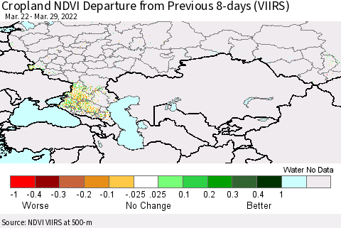 Russian Federation Cropland NDVI Departure from Previous 8-days (VIIRS) Thematic Map For 3/22/2022 - 3/29/2022