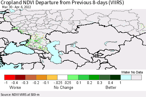 Russian Federation Cropland NDVI Departure from Previous 8-days (VIIRS) Thematic Map For 3/30/2022 - 4/6/2022