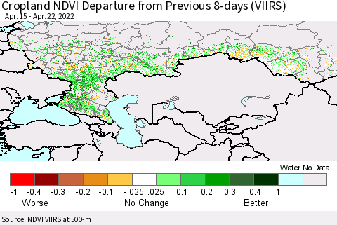 Russian Federation Cropland NDVI Departure from Previous 8-days (VIIRS) Thematic Map For 4/15/2022 - 4/22/2022