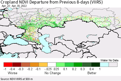 Russian Federation Cropland NDVI Departure from Previous 8-days (VIIRS) Thematic Map For 4/23/2022 - 4/30/2022
