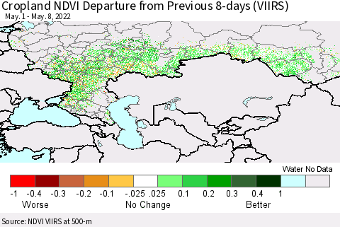 Russian Federation Cropland NDVI Departure from Previous 8-days (VIIRS) Thematic Map For 5/1/2022 - 5/8/2022