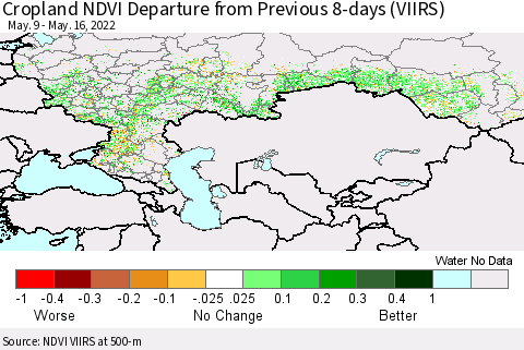Russian Federation Cropland NDVI Departure from Previous 8-days (VIIRS) Thematic Map For 5/9/2022 - 5/16/2022