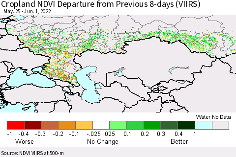 Russian Federation Cropland NDVI Departure from Previous 8-days (VIIRS) Thematic Map For 5/25/2022 - 6/1/2022