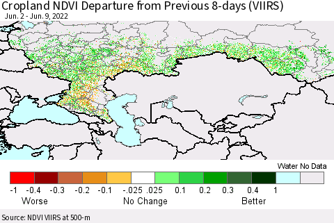 Russian Federation Cropland NDVI Departure from Previous 8-days (VIIRS) Thematic Map For 6/2/2022 - 6/9/2022