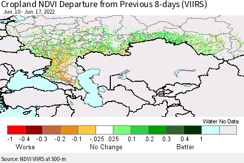 Russian Federation Cropland NDVI Departure from Previous 8-days (VIIRS) Thematic Map For 6/10/2022 - 6/17/2022