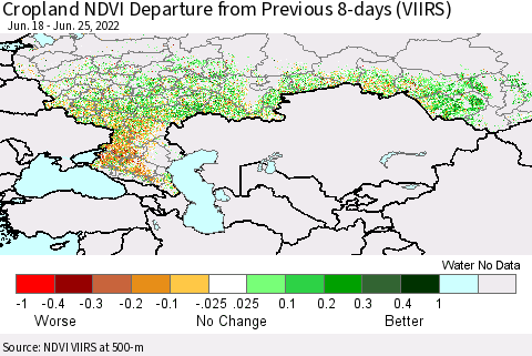 Russian Federation Cropland NDVI Departure from Previous 8-days (VIIRS) Thematic Map For 6/18/2022 - 6/25/2022