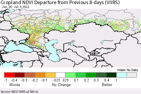 Russian Federation Cropland NDVI Departure from Previous 8-days (VIIRS) Thematic Map For 6/26/2022 - 7/3/2022