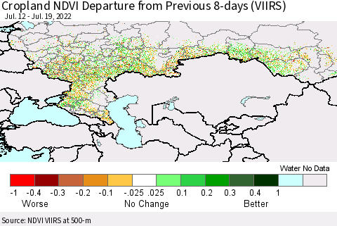 Russian Federation Cropland NDVI Departure from Previous 8-days (VIIRS) Thematic Map For 7/12/2022 - 7/19/2022
